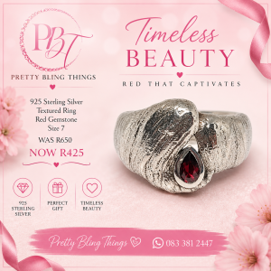 (925) Textured Sterling Silver Ring with Red Gemstone (NEW)